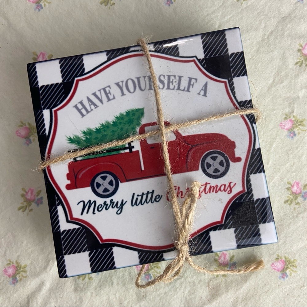 Set of 4 Christmas Plaid Coasters with Red Truck